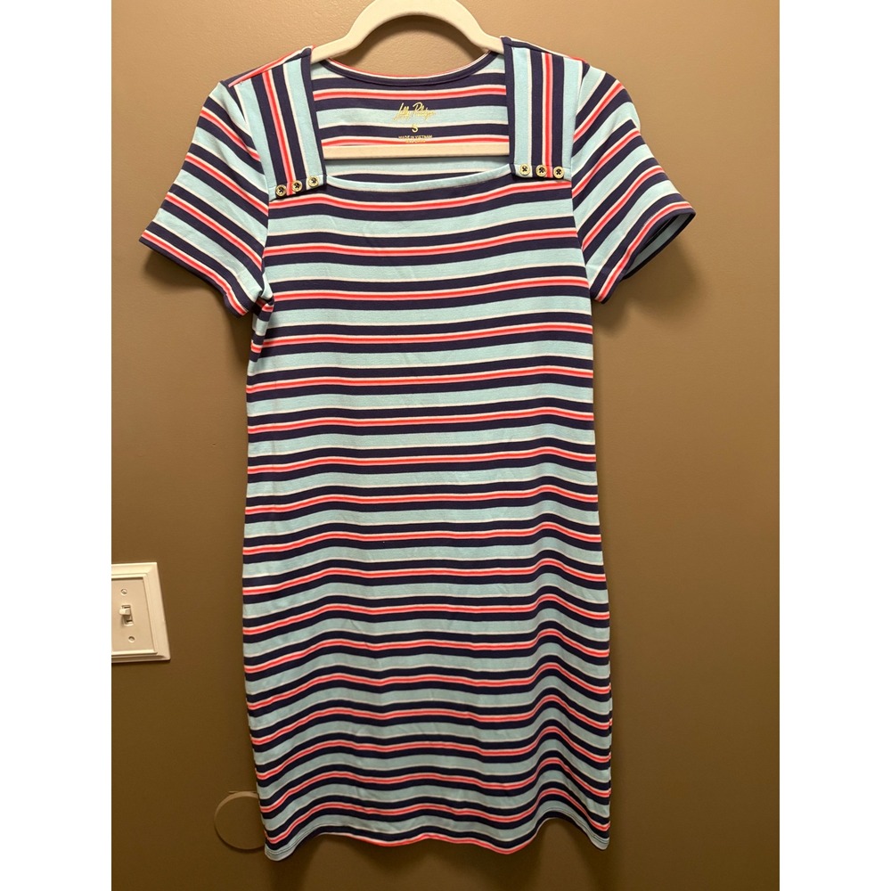 Lilly Pulitzer Striped Square Neck Dress Blue Pink Gold Button Short Sleeve S